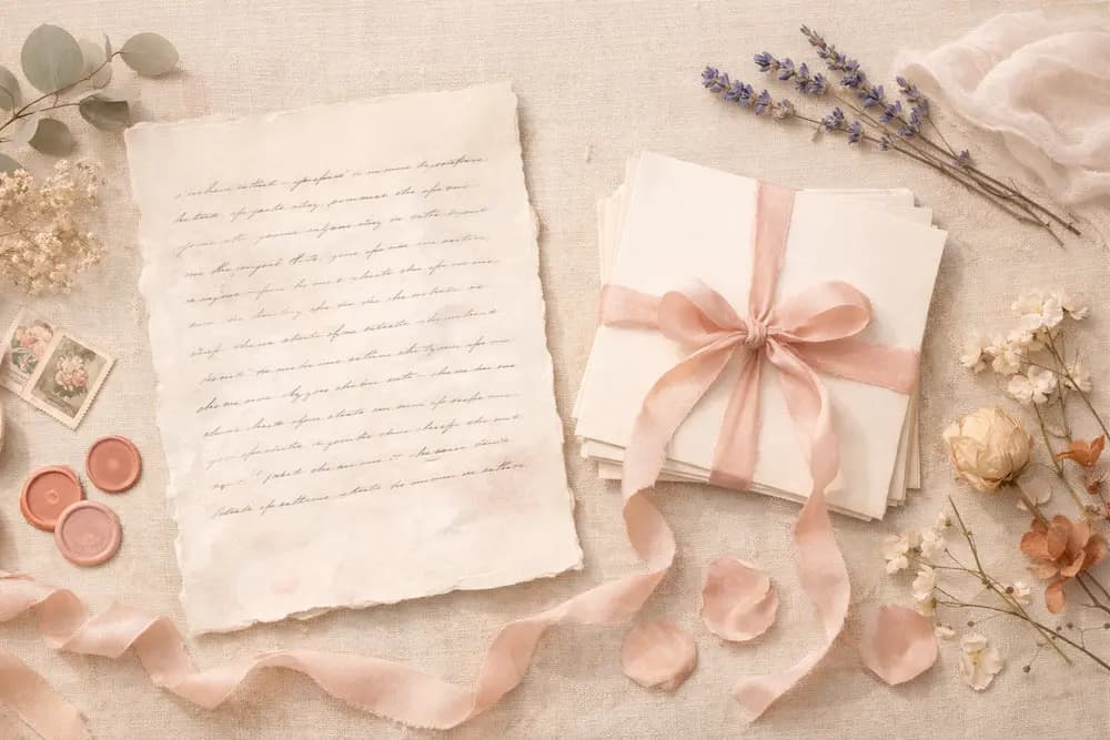 A handwritten letter beside a ribbon and scattered petals