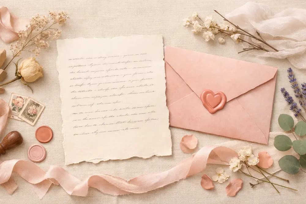 A romantic flat-lay with a letter, soft florals, and sealed envelopes
