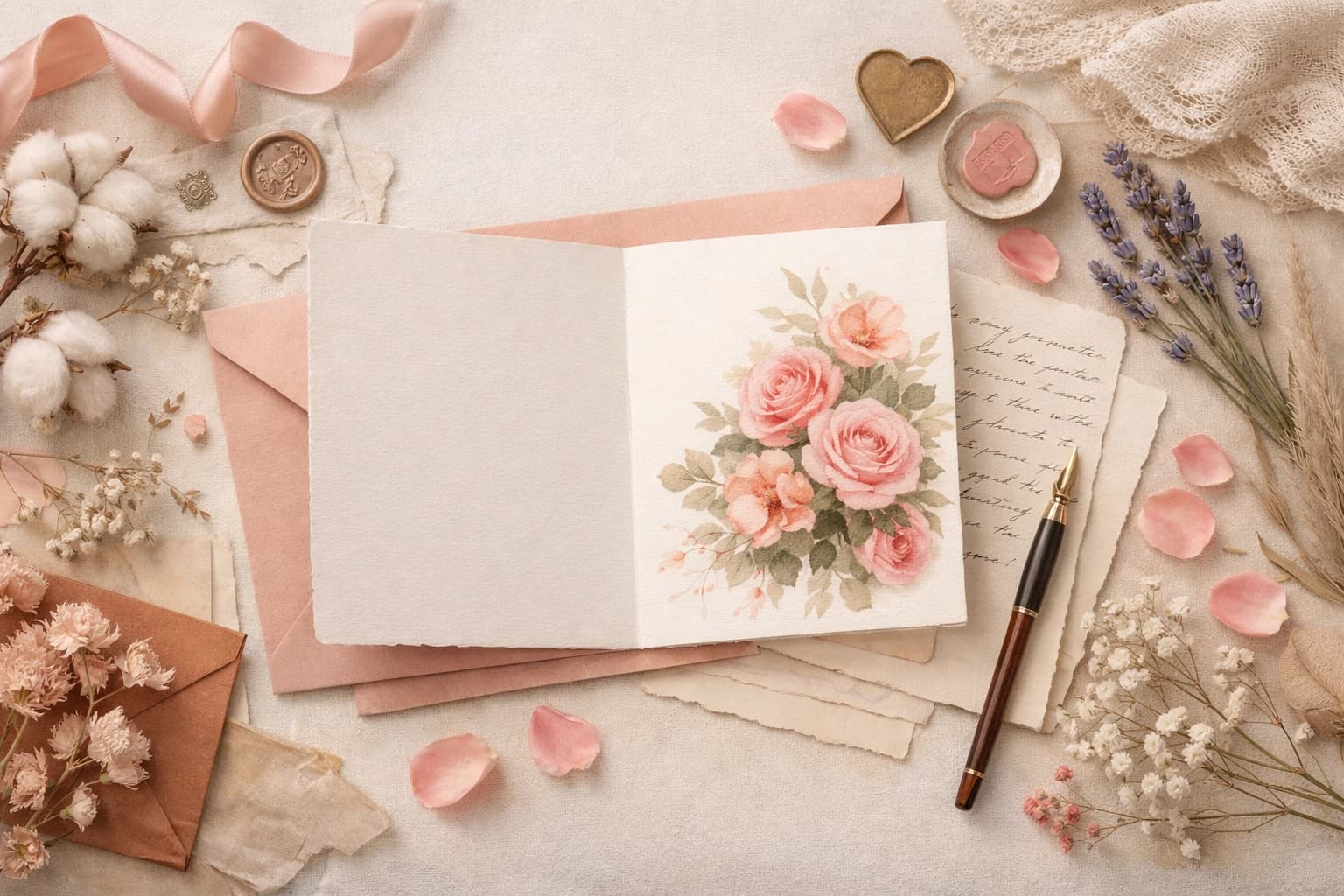 A Mother's Day card surrounded by soft florals, ribbon, and warm stationery details