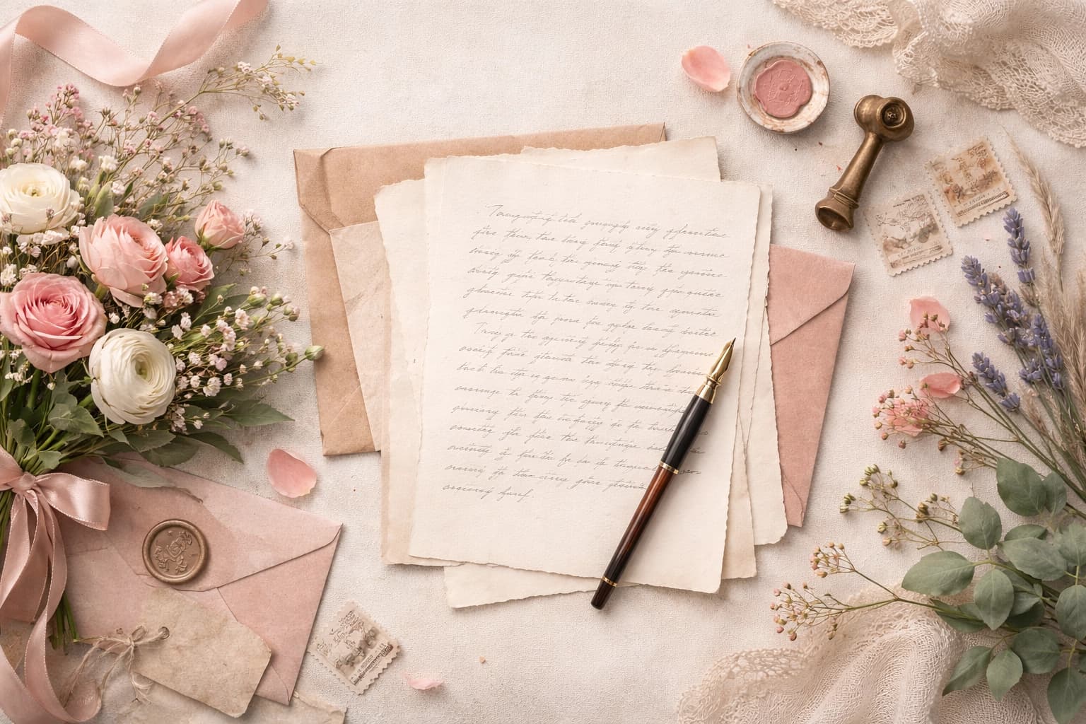 A handwritten Mother's Day letter with envelopes, flowers, and soft pastel paper textures